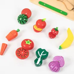 Baby Educational Pretend Role Play Magnetic Simulation Wooden Kitchen Food Fruits Vegetables Cutting Toys Set 