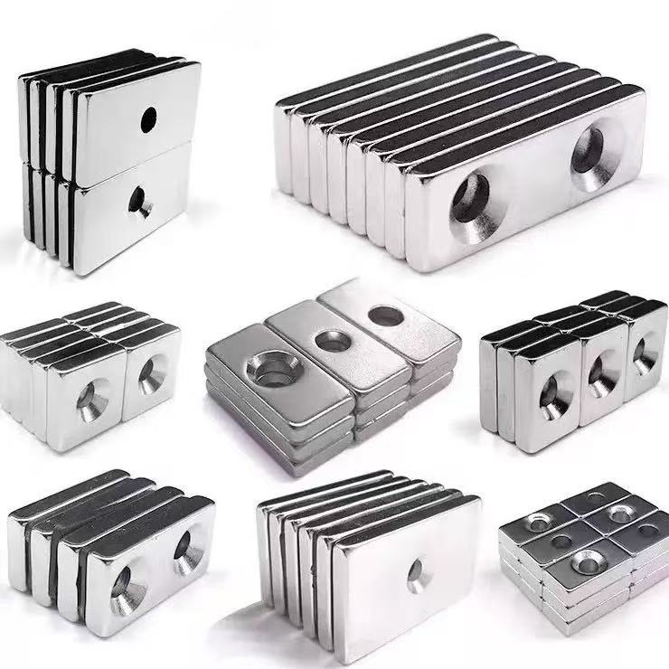 N35-N52 Strong Countersunk Hole Rectangle Neodymium Magnets Permanent Block Magnets With Screw Hole For Industrial Mounting 